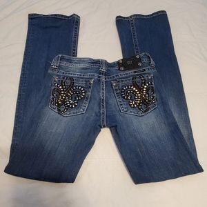 MISS ME dark blue chain low rise bootcut jeans